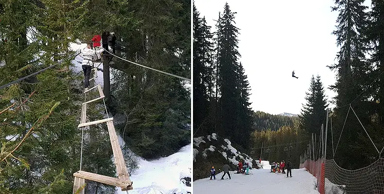Boomklimmen in het Parc Accro is een van de leuke activiteiten in Espace Diamant die je naast het skiën kunt doen. © Nico van Dijk / WintersportFrankrijkGids.nl